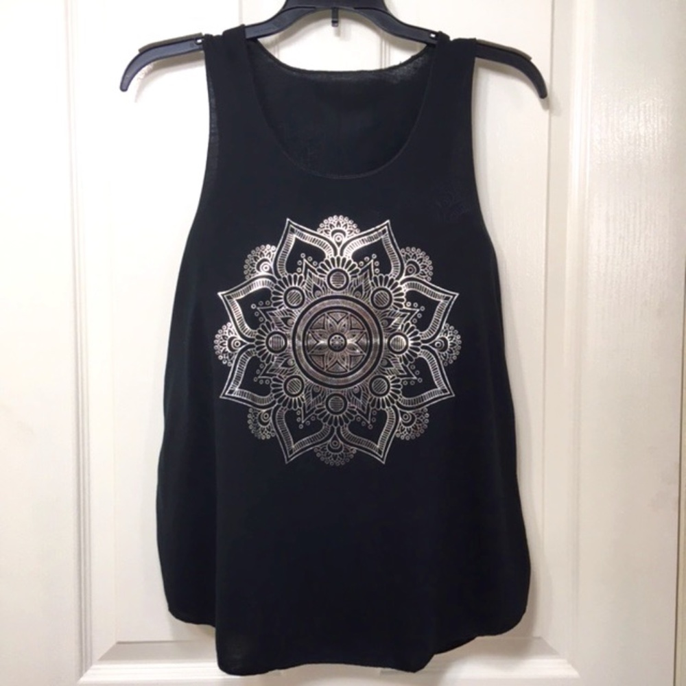 NWOT, Women Sleeveless,Tank Top,100% Polyester, Black,“Lotus Mandala”silkscreen